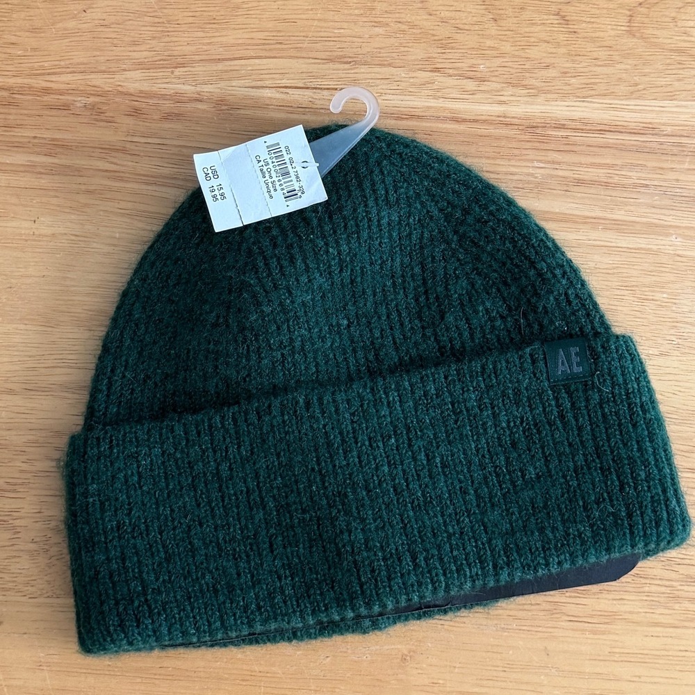 American Eagle Mens Green Ribbed Knit Cuffed Beanie Hat 7362-329 NWT